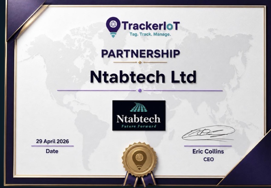 Original NTABTECH and TrackerIoT partnership certificate, 29 April 2026